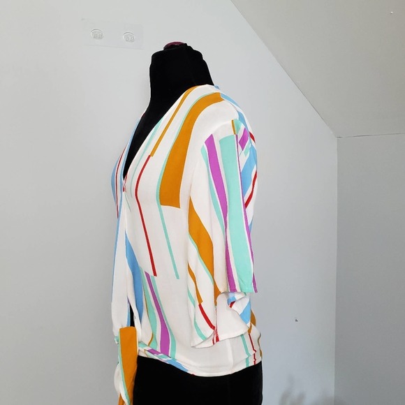 Lovestitch Striped Multicolor Vibrant Tie Blouse Casual Boho Chic Coastal V Neck - Picture 5 of 12